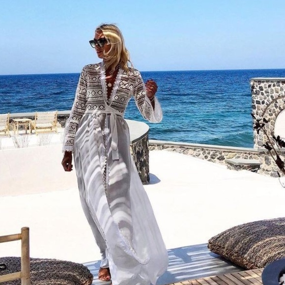 Boho white lace maxi dress cover up waist Kimono - Picture 7 of 9